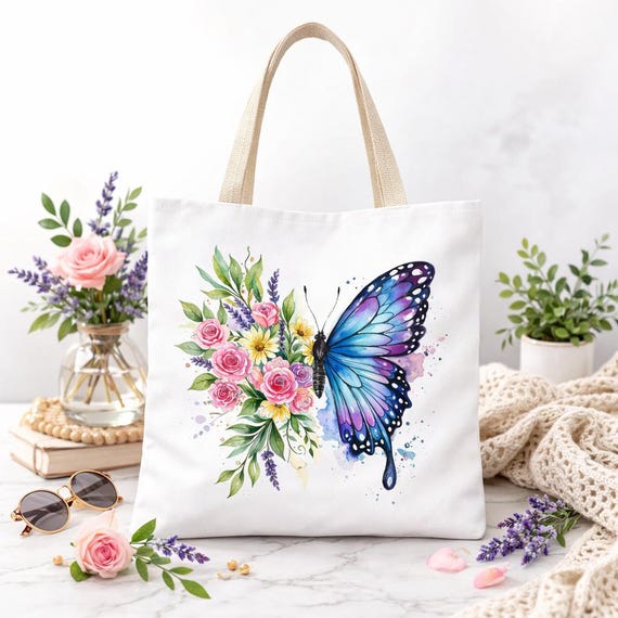Butterfly Floral Tote Bag, Watercolor Flower Shoulder Bag, Aesthetic Boho Cotton Webbing Handbag, Durable Spun Polyester Gift for Hers