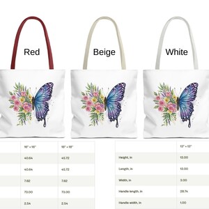 May include: White tote bags with various handle colors, each featuring a watercolor butterfly design with pink and yellow flowers. The bags come in different sizes, with the largest measuring 18" x 18".
