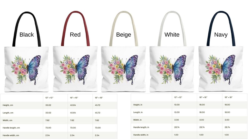 May include: White tote bags with various handle colors, each featuring a watercolor butterfly design with pink and yellow flowers. The bags come in different sizes, with the largest measuring 18" x 18".