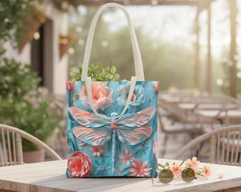 Dragonfly Floral ToteBag, Reusable Shopping Bag, Nature Art Gift for Her