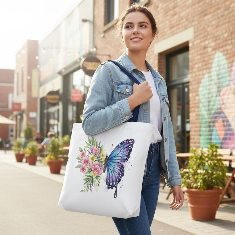 May include: White tote bag featuring a watercolor design of a blue and purple butterfly with a bouquet of pink and yellow flowers. The bag has a navy blue strap and is carried by a person.
