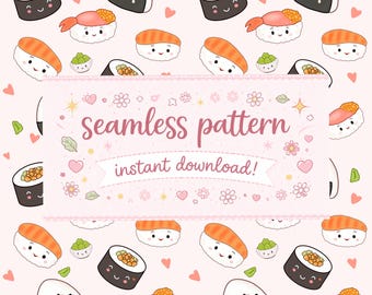 Sushi Pattern, Pink Kawaii Food Seamless File (Digital Download