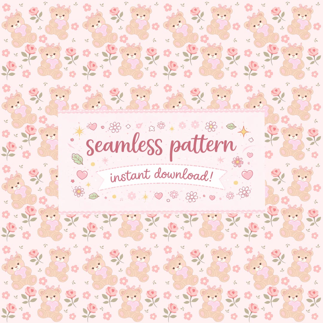 Pink Teddy Bear Floral Pattern | Coquette Seamless PNG (digital ...