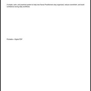 Puede incluir: Documento blanco titulado "New NP Organization Toolkit". El texto describe un sistema para ayudar a los profesionales de enfermería a organizarse y reducir la sobrecarga. Disponible como PDF imprimible y digital.