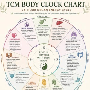 Può includere: Grafico dell'Orologio Corporeo TCM che illustra il ciclo energetico degli organi di 24 ore, con un simbolo centrale yin-yang. Il grafico fornisce dettagli sulle funzioni degli organi, suggerimenti sui sintomi e consigli.
