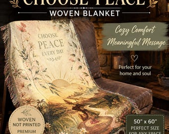 Choose Peace Within woven blanket | meditation yoga tapestry, serene sunrise figure