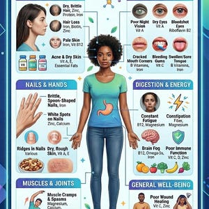 May include: Informative infographic detailing signs of nutrient deficiencies. The image features a central illustration of a person, surrounded by diagrams of health concerns like hair loss, fatigue, and muscle cramps, with associated vitamins and minerals.