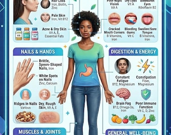 Poster sui segni di carenza nutrizionale / Tabella delle carenze vitaminiche / Guida ai sintomi del corpo / Salute