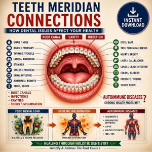 May include: An educational chart titled TEETH MERIDIAN CONNECTIONS showing an open mouth with numbered teeth linked to various organs and body systems. It includes sections on toxic dental load, systemic inflammation, and autoimmune diseases.
