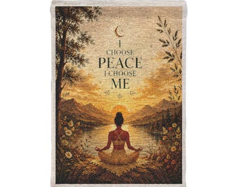 Arazzo da parete con silhouette di tramonto e meditazione / Scena zen con lago e yoga