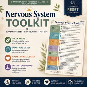 Puede incluir: Un gráfico informativo titulado Nervous System Toolkit que presenta una lista de ocho áreas clave para el bienestar. El diseño incluye una tabla codificada por colores con instrucciones de texto para ejercicios de respiración y movimiento.