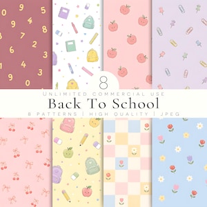 Può includere: Una collezione digitale di otto motivi con materiale scolastico, numeri, frutta e fiori. I design includono zaini, quaderni, matite, gomme, righelli, mele, ciliegie, rose, margherite e tulipani in colori pastello con il testo Back To School.