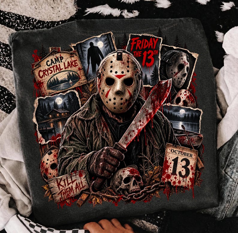 May include: A dark gray t-shirt featuring a graphic print of a hockey-masked figure holding a machete. The design includes text reading Camp Crystal Lake, Friday the 13th, Kill Them All, and October 13, alongside imagery of a skull, a cabin, and a lake.
