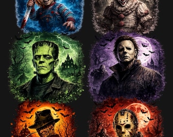 Vintage Halloween Horror Png Bundle, Horror Movie Shirt Design, Slasher Sublimation Png, DTF Halloween Graphics