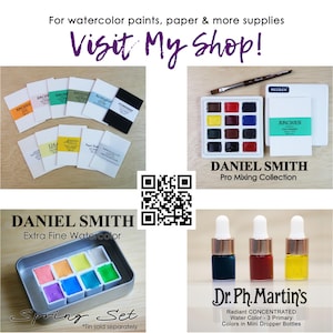We offer artist-grade watercolor paper, professional paints in pans, palettes, dot cards and eyedropper bottles. Lots of products are in-stock, prefilled and ready-to-ship!