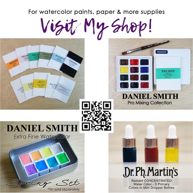We offer artist-grade watercolor paper, professional paints in pans, palettes, dot cards and eyedropper bottles. Lots of products are in-stock, prefilled and ready-to-ship!