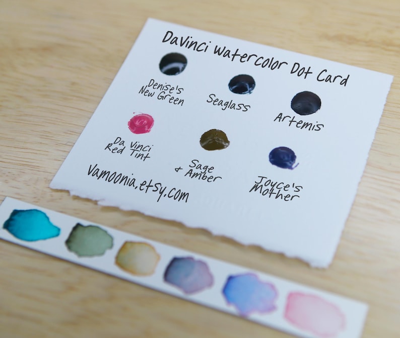 I handpicked these colors for their AMAZING performance!!! The Da Vinci Tropical Palette includes 6 half pans of the following colors: Sage & Amber, Joyce's Mother Violet, Denise's New Green, Artemis, Seaglass, Da Vinci Red Tint. Each is a professional-grade fine arts watercolor paint. I have these in stock, ready to ship in Half Pans, Quarter Pans, or dot cards.