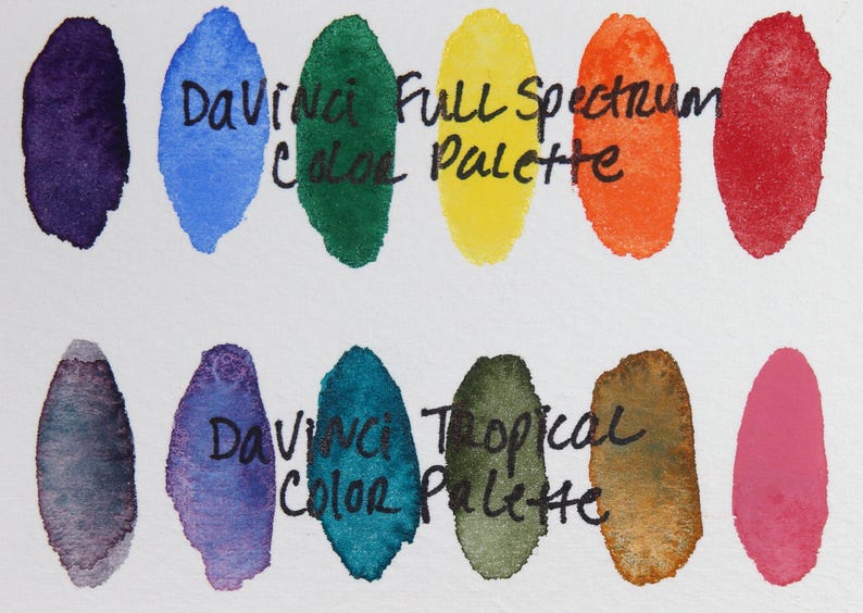 Da Vinci watercolor half pans professionally handpicked for superior performance. Set includes six transparent, granulating pigments: Seaglass, Sage & Amber, Joyce's Mother Violet, Da Vinci Red Tint, Denise's New Green, and Artemis. Professional-grade artist watercolor with fine art quality pigments. Available in pre-filled half pans, quarter pans, or dot cards. Vibrant colors perfect for floral paintings and watercolor techniques. Authentic Da Vinci transparent palette for serious painters.