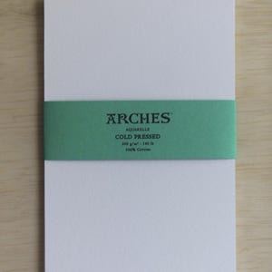 Arches Aquarelle Cold Pressed, Hot Pressed, Rough 300gsm Watercolor Paper Sample Pack available in ATC/ACEO, 2.5 inch by 3.5 inch, 4" x 6" or 5" x 7". Shown in Cold Press option.