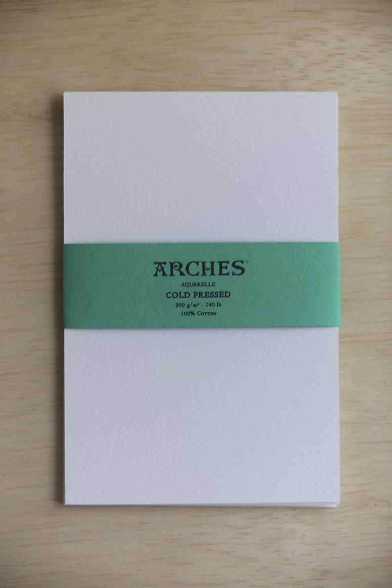 Arches Aquarelle Cold Pressed, Hot Pressed, Rough 300gsm Watercolor Paper Sample Pack available in ATC/ACEO, 2.5 inch by 3.5 inch, 4" x 6" or 5" x 7". Shown in Cold Press option.