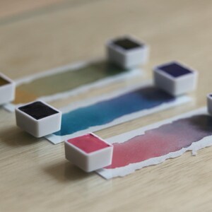 I handpicked these colors for their AMAZING performance!!! The Da Vinci Tropical Palette includes 6 half pans of the following colors: Sage & Amber, Joyce's Mother Violet, Denise's New Green, Artemis, Seaglass, Da Vinci Red Tint. Each is a professional-grade fine arts watercolor paint. I have these in stock, ready to ship in Half Pans, Quarter Pans, or dot cards.