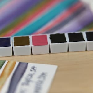 I handpicked these colors for their AMAZING performance!!! The Da Vinci Tropical Palette includes 6 half pans of the following colors: Sage & Amber, Joyce's Mother Violet, Denise's New Green, Artemis, Seaglass, Da Vinci Red Tint. Each is a professional-grade fine arts watercolor paint. I have these in stock, ready to ship in Half Pans, Quarter Pans, or dot cards.