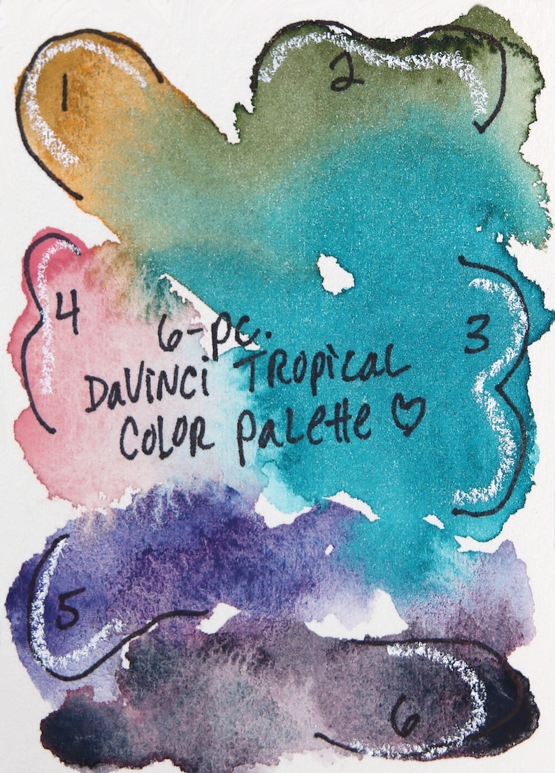 Da Vinci watercolor half pans professionally handpicked for superior performance. Set includes six transparent, granulating pigments: Seaglass, Sage & Amber, Joyce's Mother Violet, Da Vinci Red Tint, Denise's New Green, and Artemis. Professional-grade artist watercolor with fine art quality pigments. Available in pre-filled half pans, quarter pans, or dot cards. Vibrant colors perfect for floral paintings and watercolor techniques. Authentic Da Vinci transparent palette for serious painters.
