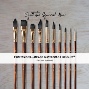 May include: A set of ten professional-grade watercolor brushes with synthetic squirrel hair, dark brown wooden handles, and gold-colored ferrules. The brushes vary in shape and size, including flat, round, dagger, and cat's tongue styles.