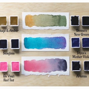 I handpicked these colors for their AMAZING performance!!! The Da Vinci Tropical Palette includes 6 half pans of the following colors: Sage & Amber, Joyce's Mother Violet, Denise's New Green, Artemis, Seaglass, Da Vinci Red Tint. Each is a professional-grade fine arts watercolor paint. I have these in stock, ready to ship in Half Pans, Quarter Pans, or dot cards.