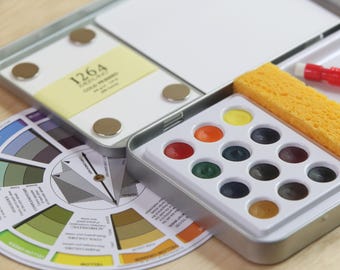 Watercolor Travel Paint Kit: 12 Colors, Palette, Tin, Brush, Paper & More!