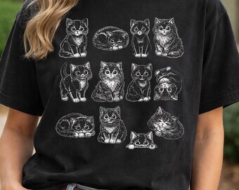 Vintage Kätzchen Grid T-Shirt, Handgezeichnete Katzen Illustration Tee