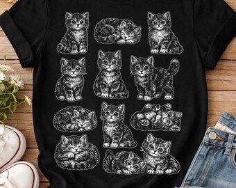90er Jahre Vintage Tattoo Style Katzen Illustration T-Shirt, Handgezeichnetes Kätzchen Grafik Tee