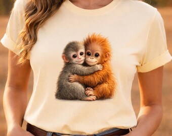 Camiseta con monos macacos abrazados, diseño de dibujos animados kawaii
