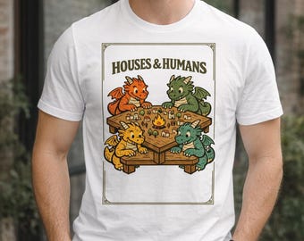 Lustiges DnD Drachen Shirt, Häuser & Menschen Tabletop Spiel T-Shirt, RPG Liebhaber Grafik