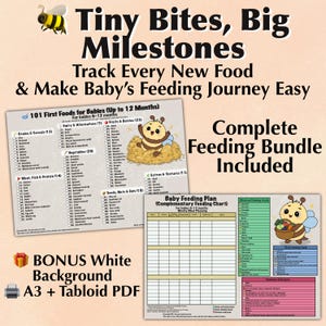 Bee Baby Feeding Bundle A3 & Tabloid – 101 First Foods Checklist and Weekly Feeding Log | Printable Baby Nutrition Planner