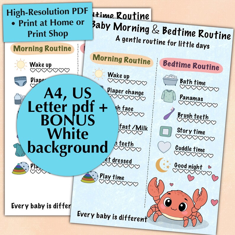 Structured Routine Toddler Crab Baby Routine Chart Printable, Morning & Bedtime Schedule for ...