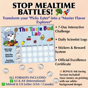 May include: A colorful mealtime chart with the text "STOP MEALTIME BATTLES!" and "The Taste Bud Lab." Includes a shark chef, fruits, vegetables, and a 7-day interactive challenge. Also includes stickers and a reward system.