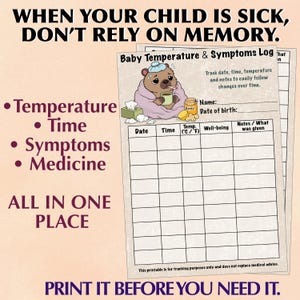 Printbare koortstracker voor baby's | Temperatuur- en symptomenlogboek voor kinderen | Medicatieoverzicht | Ziektedagenplanner | Capybara A4 US Letter PDF