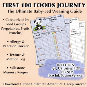 Puede incluir: Listas de verificación imprimibles para alimentos para bebés con una ilustración de panda. Las listas de verificación están categorizadas por grupos de alimentos, con un rastreador de alergias y reacciones, un registro de textura y método, y un registro de hitos.