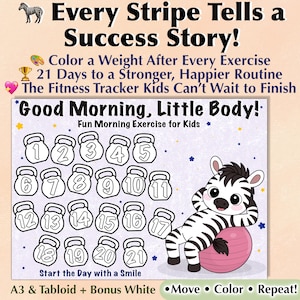 Zebra Morning Exercise Chart for Kids | 21-Day Active Habit Challenge | Printable Daily Movement Tracker PDF | A3 & Tabloid + Bonus