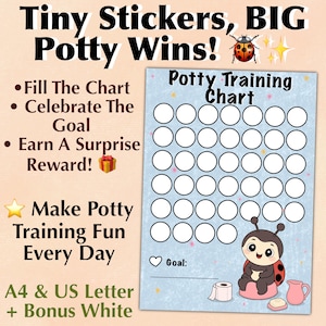 Op de afbeelding: Een lichtblauwe zindelijkheidstraining kaart met een raster van witte cirkels voor stickers. Het bevat een getekend lieveheersbeestje op een potje, een rol toiletpapier en een kleine kan. Tekst Tiny Stickers, BIG Potty Wins!