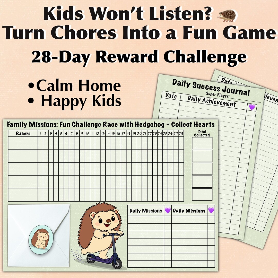 Hedgehog Chore Game for Kids, 28 Day Reward Challenge, Printable ...