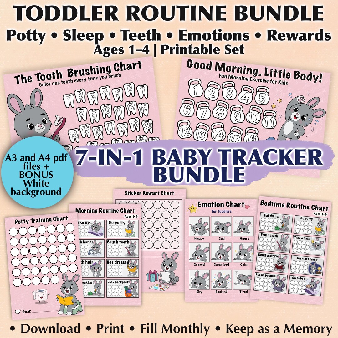 Bunny Toddler Routine Charts – 7-in-1 Habit Tracker Bundle (A3 A4 PDF ...
