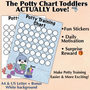 May include: Potty training charts for toddlers with a white background. The charts have circles for tracking progress and feature a cartoon shark, text that says "Potty Training Chart", and the phrases "Fun Stickers", "Daily Motivation", and "Surprise Reward".