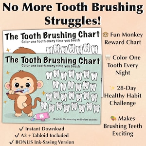 May include: A printable tooth brushing chart featuring a cartoon monkey brushing its teeth. The chart includes 28 numbered tooth outlines to color, with the text 'The Tooth Brushing Chart', 'Color one tooth every time you brush', and 'Brush in the morning and before bedtime'.