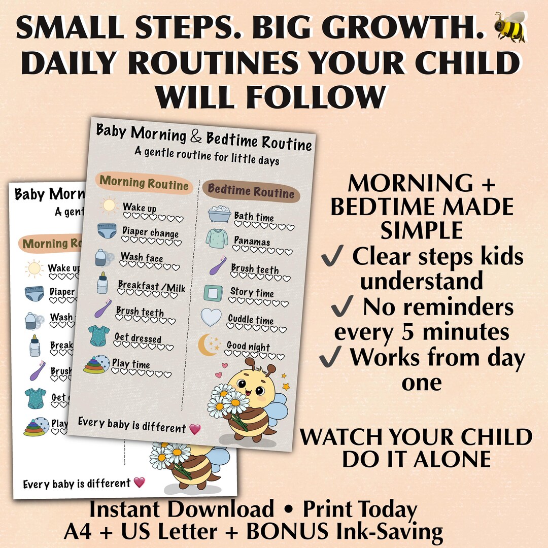 Baby Routine Letters Bee Routine Chart Printable, Baby Morning & Bedtime Routine, Toddler ...
