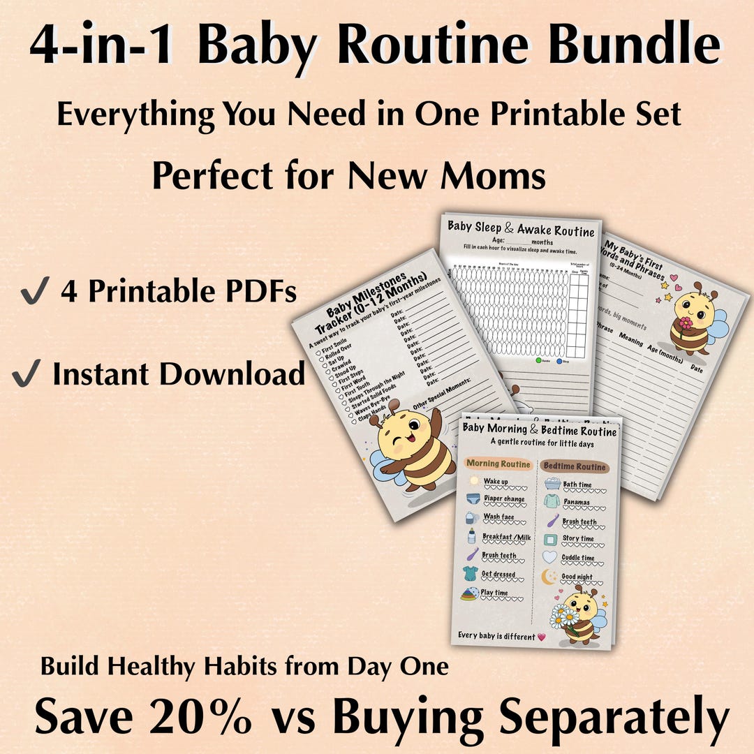 Baby Routine Tracker Bundle – Bee Design Milestones, Sleep Charts (PDF ...