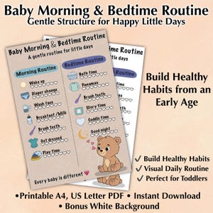 May include: Printable baby morning and bedtime routine charts. The charts feature a morning and bedtime routine with illustrations and text. The text includes "Baby Morning & Bedtime Routine" and "Build Healthy Habits from an Early Age."
