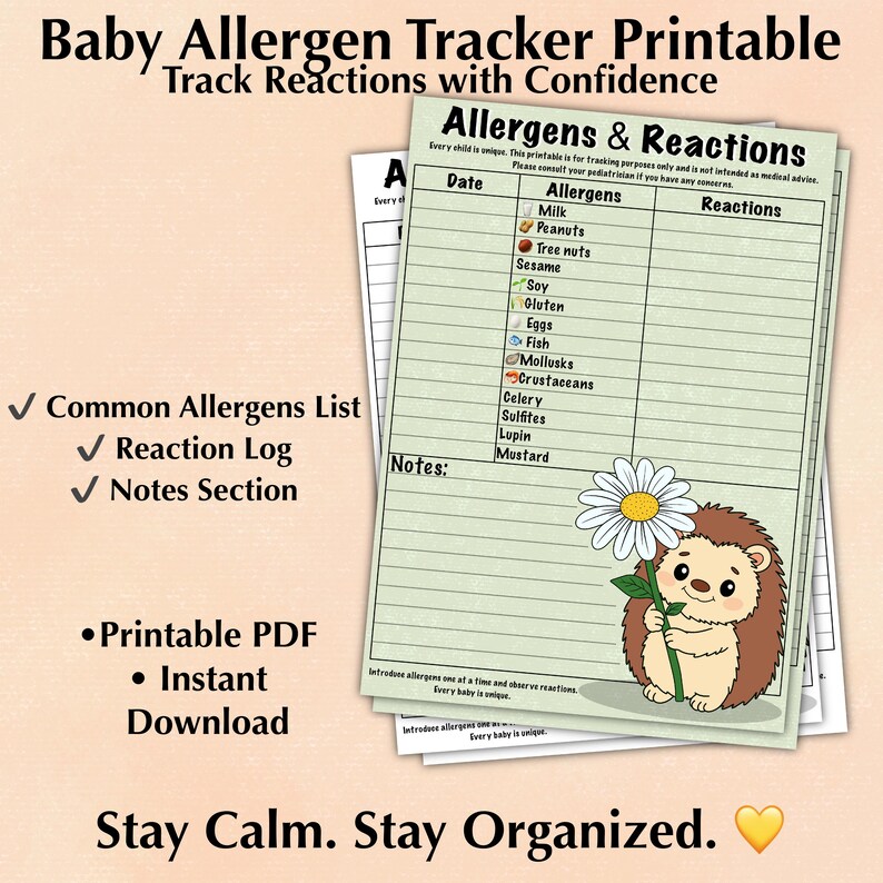 Hedgehog Baby Allergen Tracker | First Year Food Reaction Log (0-12 ...