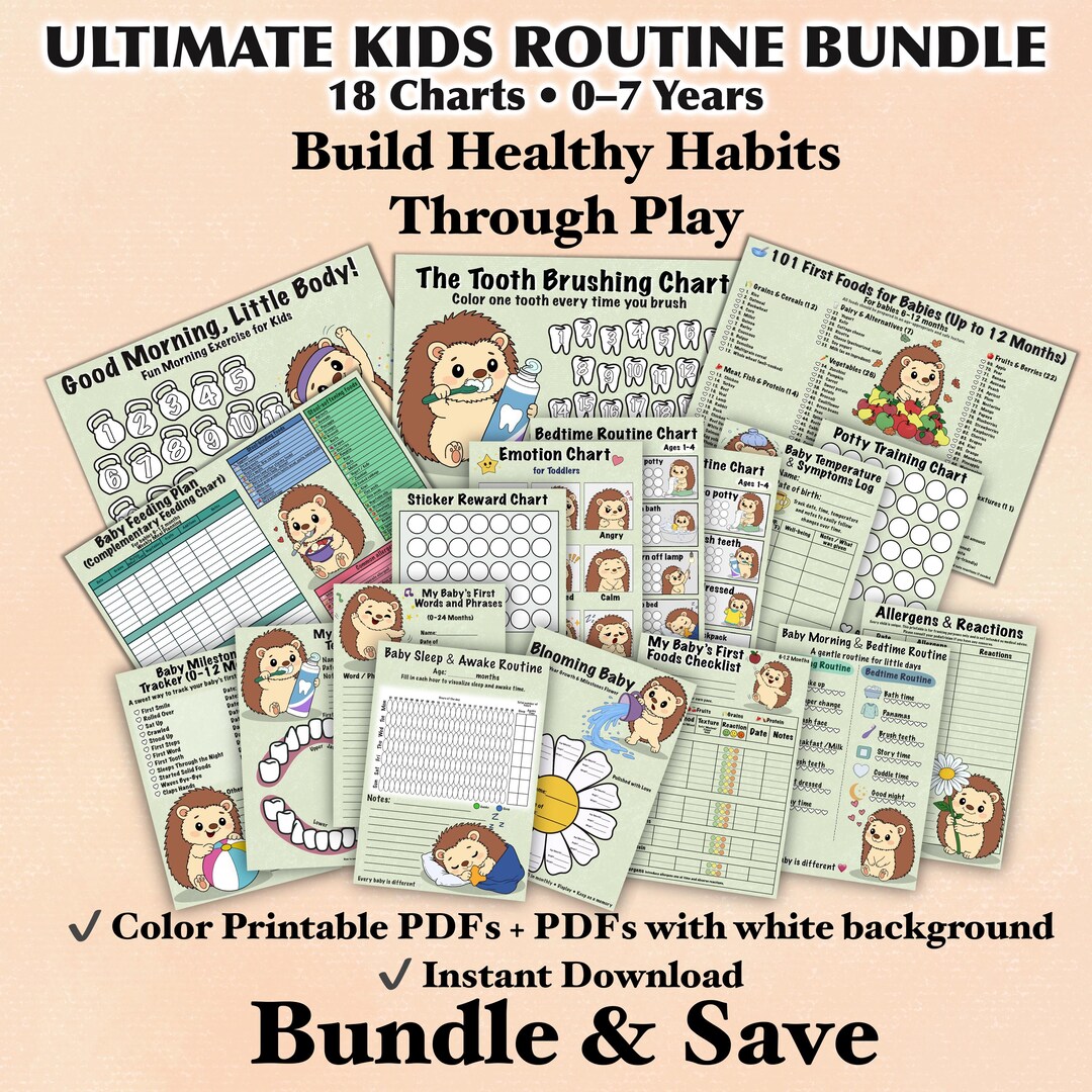 Hedgehog Kids Routine Bundle – Baby & Toddler Printable Tracker (0-7 ...